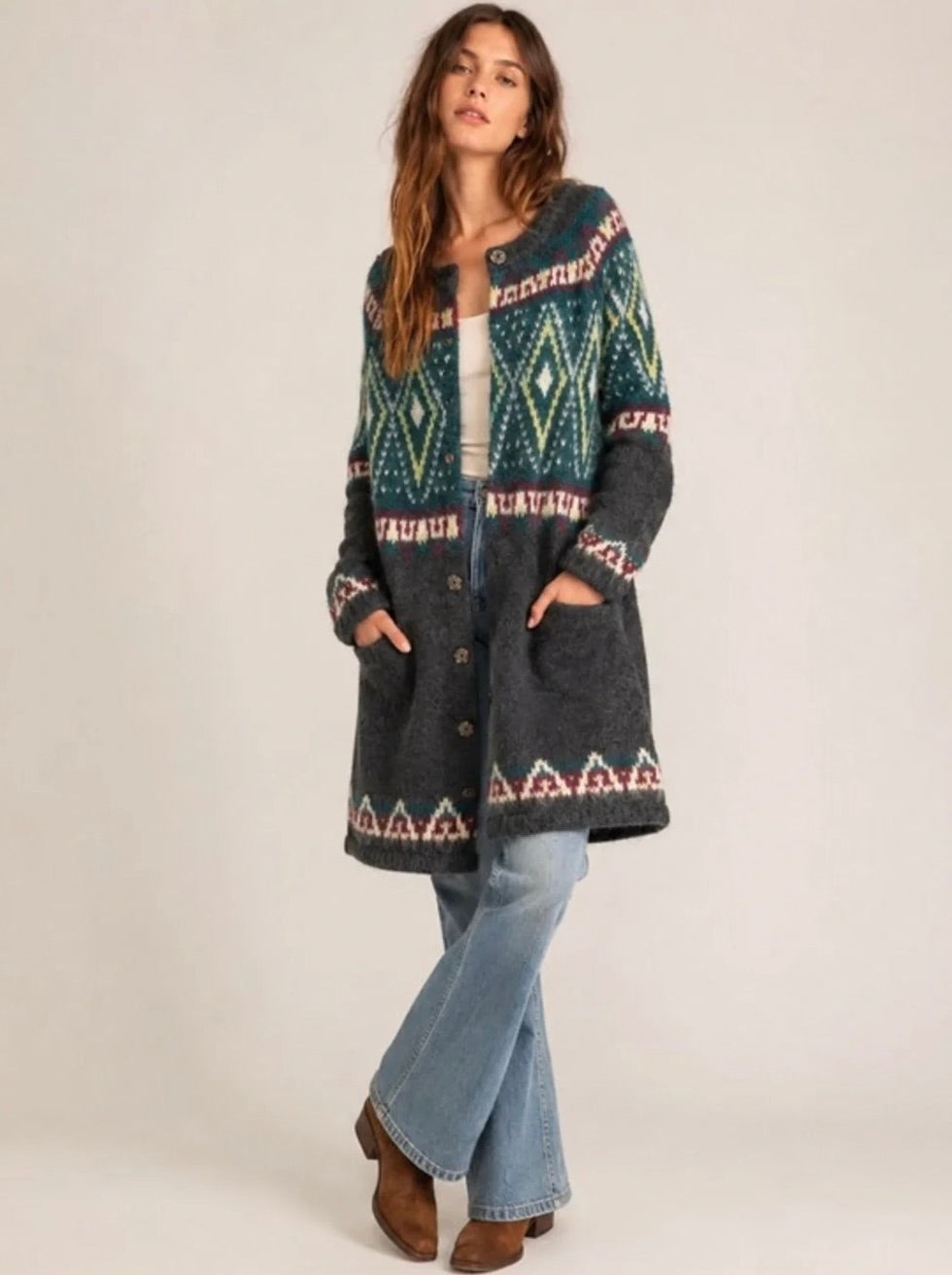 FREE PEOPLE Frosted  Fair Isle Longline Cardigan Mohair Wool Boho Sweater Small