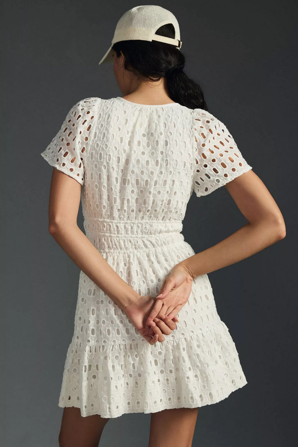 ANTHROPOLOGIE The Somerset White Eyelet Mini Dress Embroidered Smocked X-Large