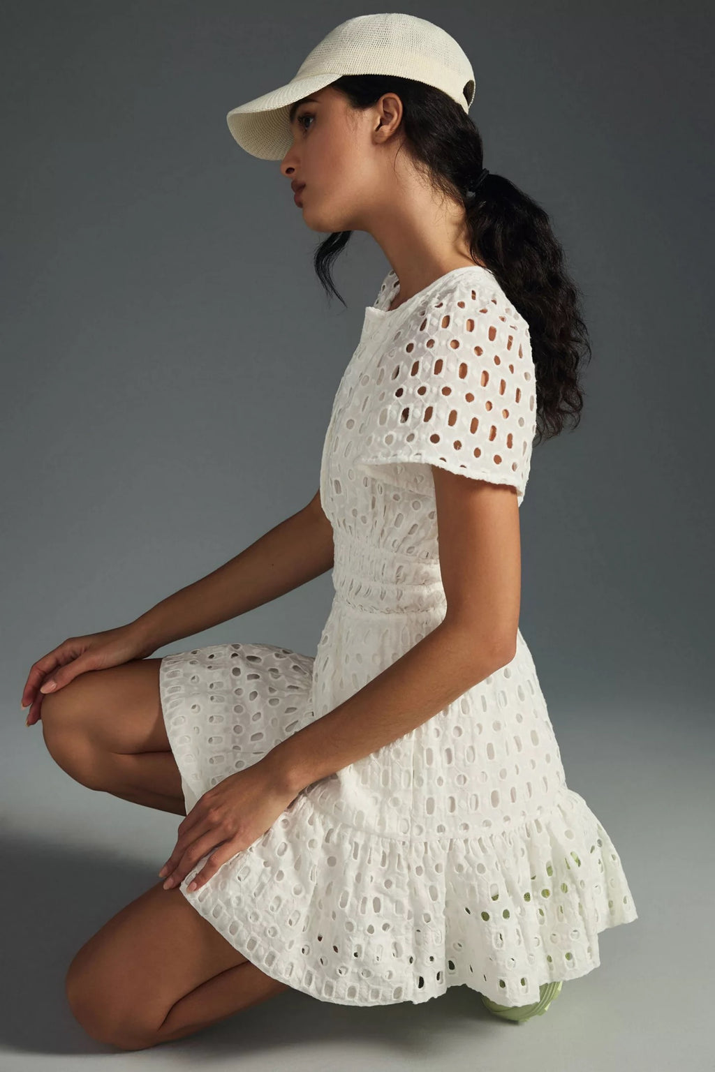 ANTHROPOLOGIE The Somerset White Eyelet Mini Dress Embroidered Smocked X-Large