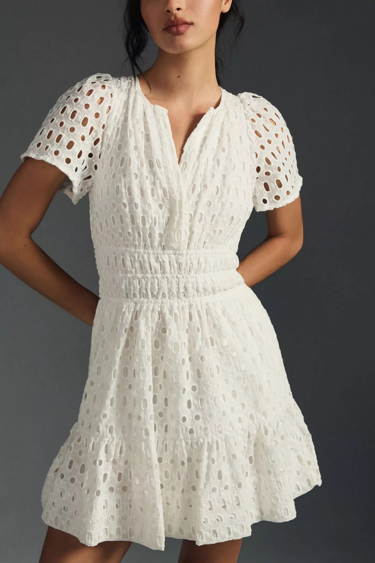 ANTHROPOLOGIE The Somerset White Eyelet Mini Dress Embroidered Smocked X-Large