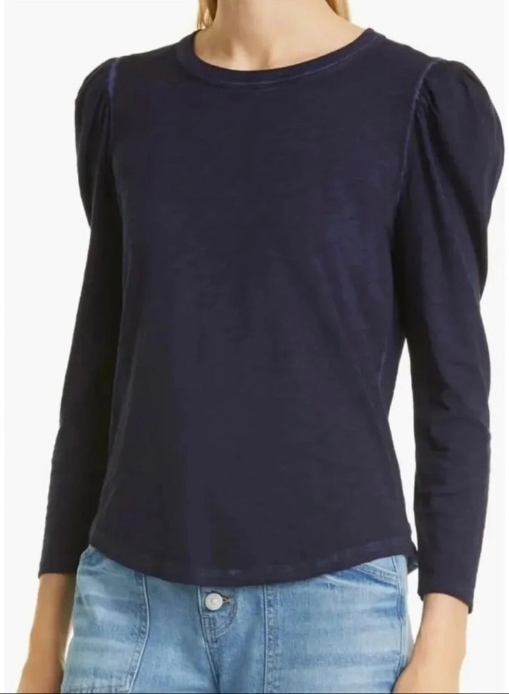 VERONICA BEARD Jeans Porter Pouf Sleeve Pima Cotton Tee Navy Puff Top Small