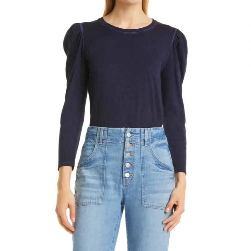 VERONICA BEARD Jeans Porter Pouf Sleeve Pima Cotton Tee Navy Puff Top Small