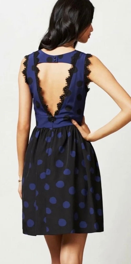 Anthropologie COREY LYNN CALTER Split Dots Lace Blue Black Fit Flare Dress 12
