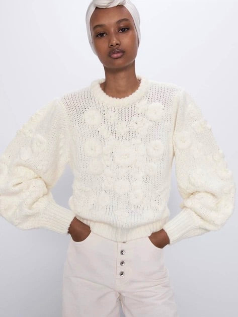 ZARA White Floral Embroidered Puff Sleeve Knit Sweater Blogger Favorite Small