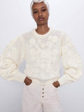 ZARA White Floral Embroidered Puff Sleeve Knit Sweater Blogger Favorite Small