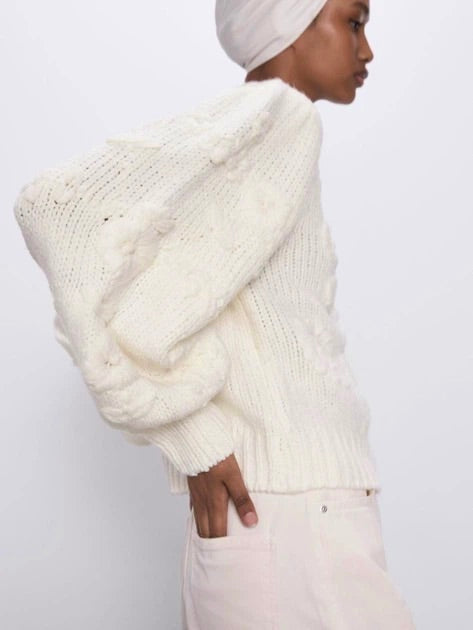 ZARA White Floral Embroidered Puff Sleeve Knit Sweater Blogger Favorite Small