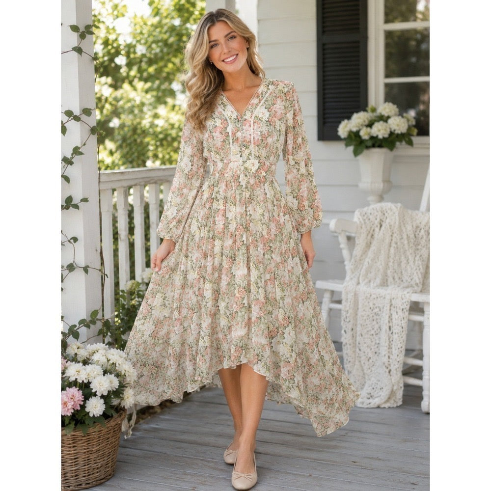 NWT!! IVY CITY CO Bree Floral Dress Midi Maxi Lace Trims Feminine Romantic Large