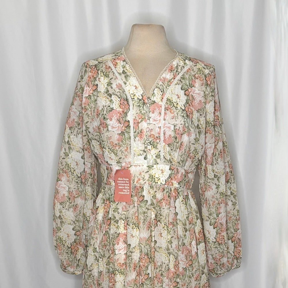 NWT!! IVY CITY CO Bree Floral Dress Midi Maxi Lace Trims Feminine Romantic Large
