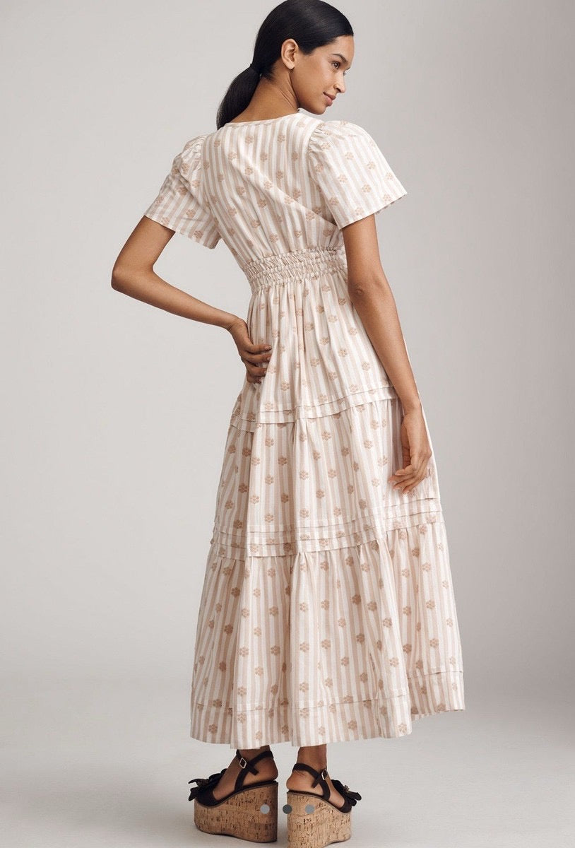 ANTHROPOLOGIE The Somerset Embroidered Floral Maxi Dress Stripes X-Small Petite