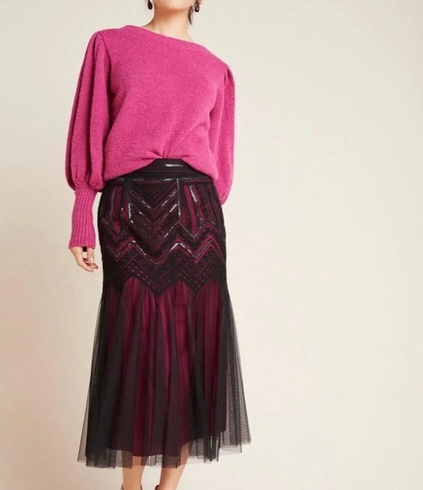 Anthropologie GEISHA DESIGNS Marlee Sequin Lace Tulle Midi Skirt Size 6