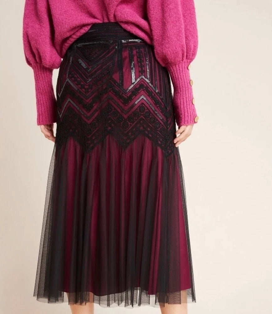 Anthropologie GEISHA DESIGNS Marlee Sequin Lace Tulle Midi Skirt Size 6