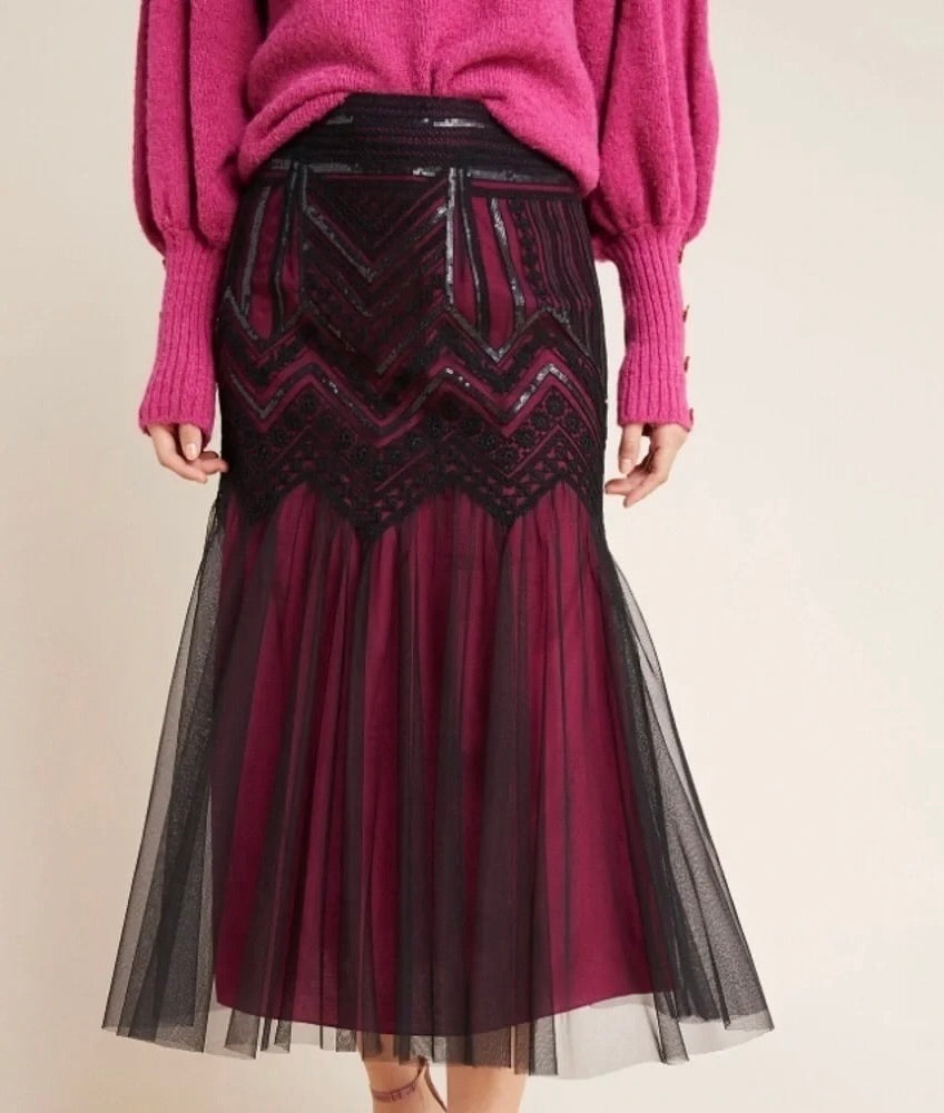 Anthropologie GEISHA DESIGNS Marlee Sequin Lace Tulle Midi Skirt Size 6