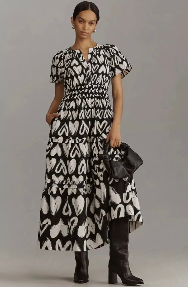 ANTHROPOLOGIE Somerset Heart Print Smocked Maxi Dress Black White Hearts Large