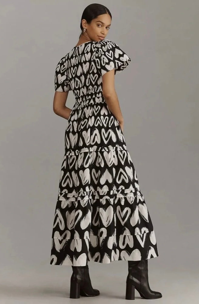 ANTHROPOLOGIE Somerset Heart Print Smocked Maxi Dress Black White Hearts Large