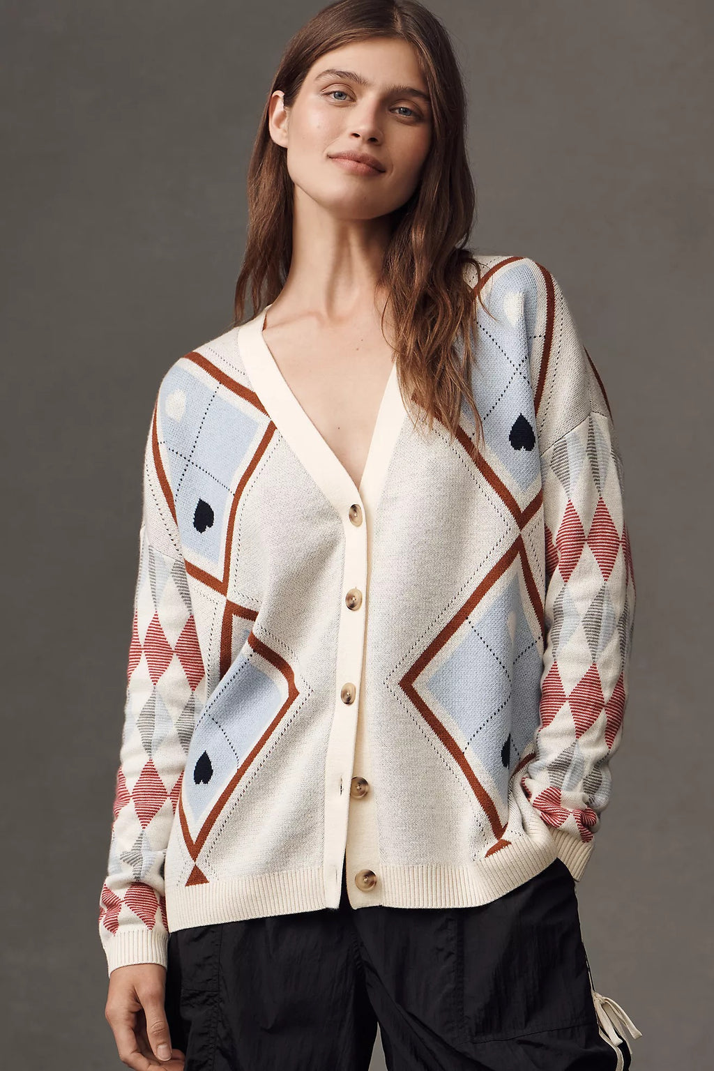 Anthropologie MAEVE Argyle Hardware Cardigan Sweater Heart Print Knitwear XS