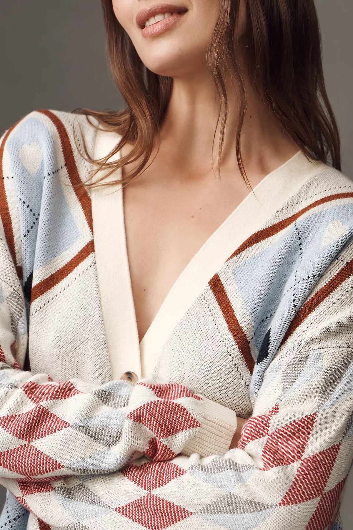 Anthropologie MAEVE Argyle Hardware Cardigan Sweater Heart Print Knitwear XS
