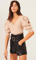 BA&SH Harris Puff Sleeve Wool Blend Rib V-Neck Sweater Solid Beige Knit X-Small