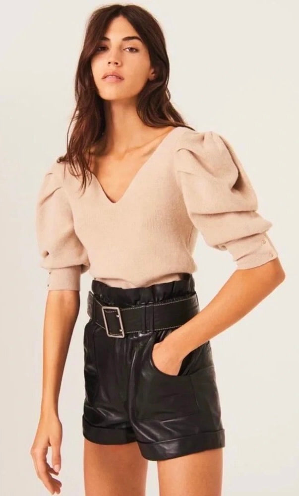 BA&SH Harris Puff Sleeve Wool Blend Rib V-Neck Sweater Solid Beige Knit X-Small