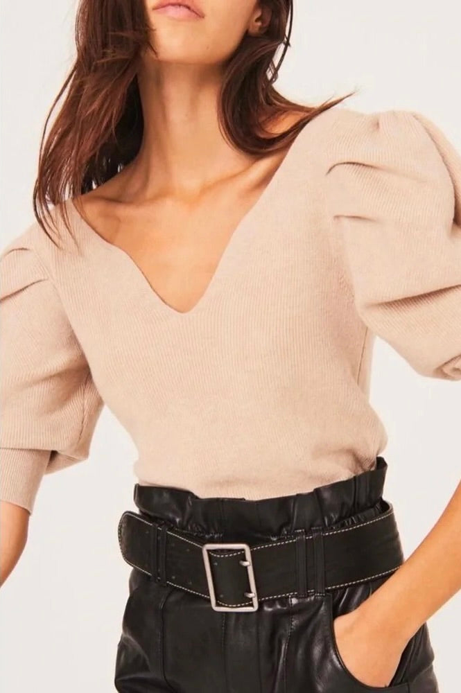 BA&SH Harris Puff Sleeve Wool Blend Rib V-Neck Sweater Solid Beige Knit X-Small