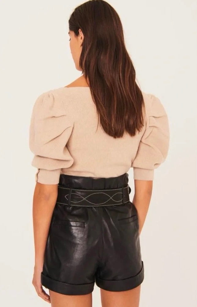 BA&SH Harris Puff Sleeve Wool Blend Rib V-Neck Sweater Solid Beige Knit X-Small