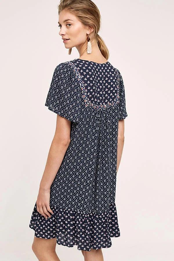 Anthropologie ONE SEPTEMBER Alpina Tunic Dress Embroidered Floral Ruffle X-Small