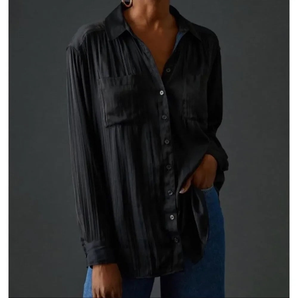 ANTHROPOLOGIE Black Satin Button Down Shirt Blouse Top Pockets Solid Small