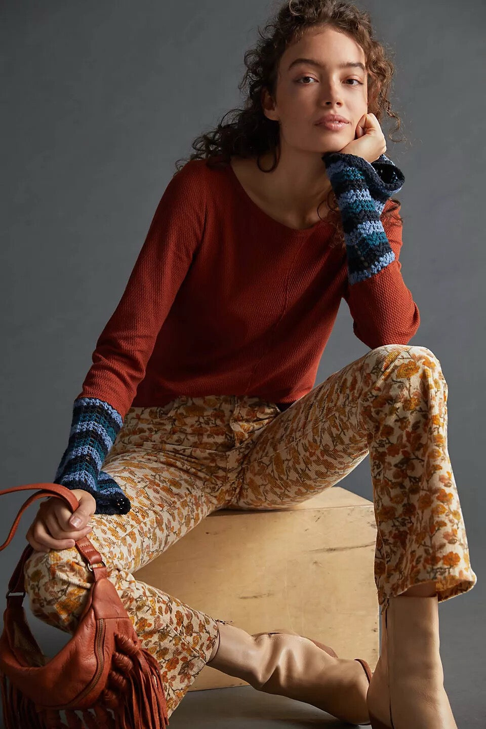 Anthropologie PILCRO Crochet Cuffed Thermal Top Cedar Pullover Stripes Small