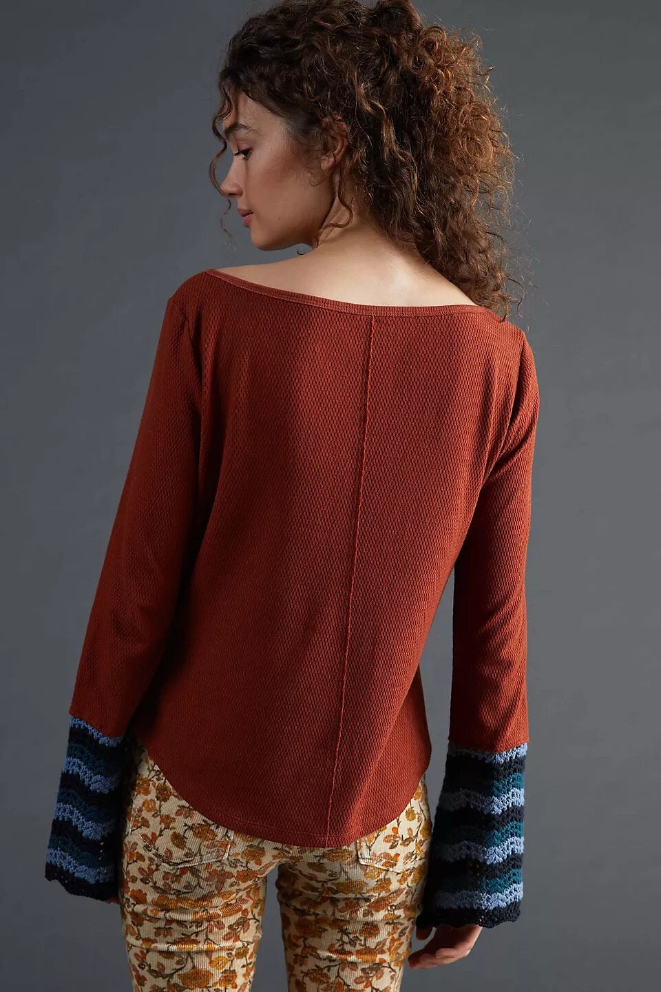Anthropologie PILCRO Crochet Cuffed Thermal Top Cedar Pullover Stripes Small