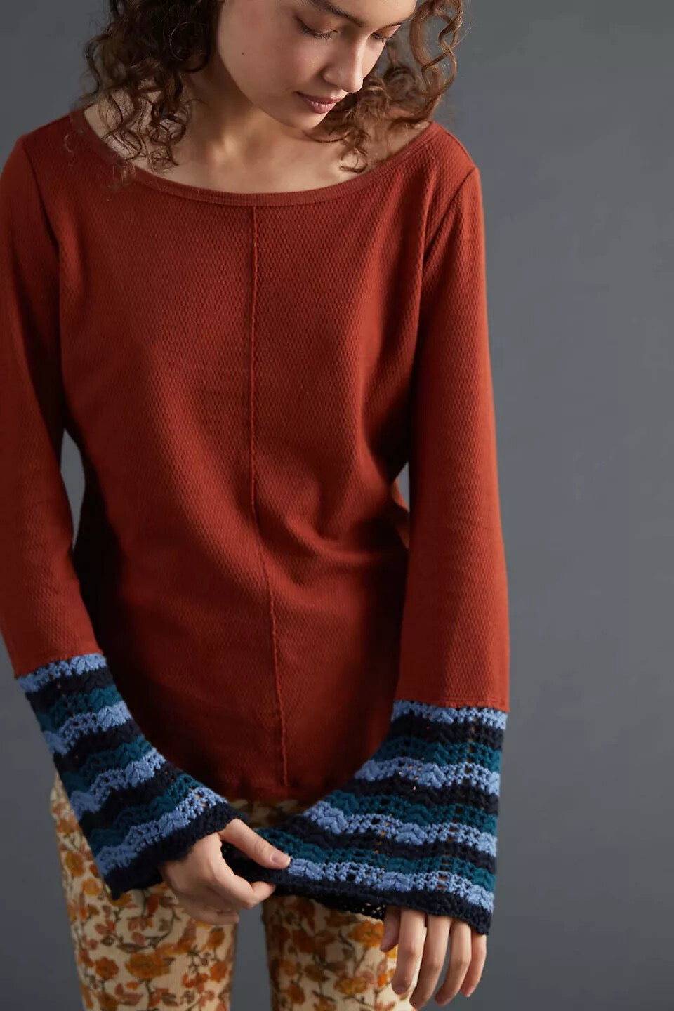 Anthropologie PILCRO Crochet Cuffed Thermal Top Cedar Pullover Stripes Small
