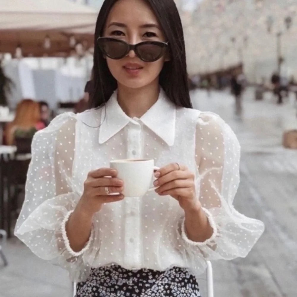 ZARA Swiss Dot Organza Blouse White Sheer Puff Sleeve Top Blouse Buttons X-Small