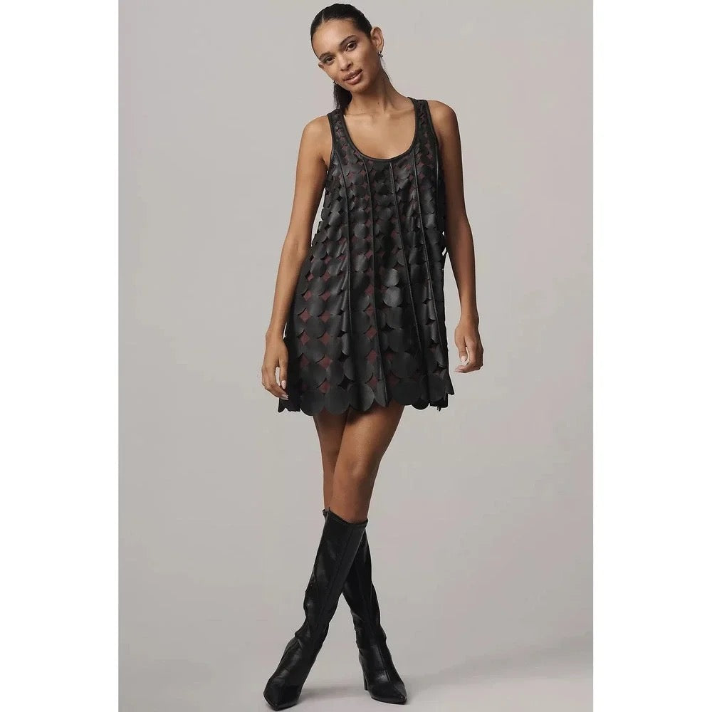 Anthropologie MAEVE Faux Leather Sleeveless Swing Dress Black Circles Mini Small