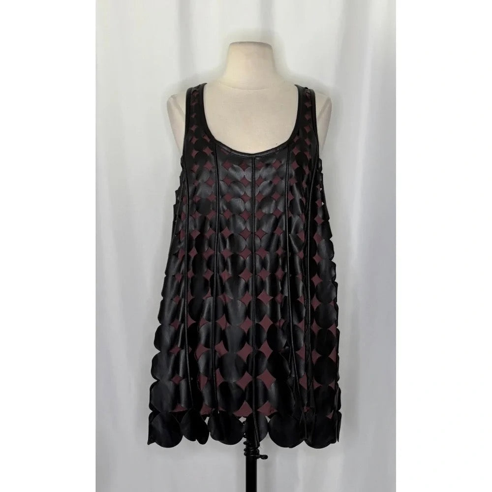 Anthropologie MAEVE Faux Leather Sleeveless Swing Dress Black Circles Mini Small