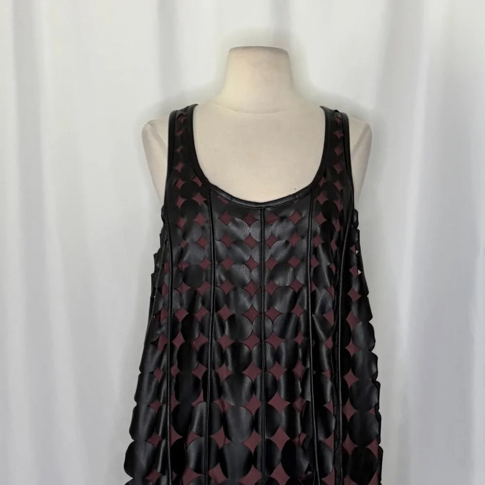 Anthropologie MAEVE Faux Leather Sleeveless Swing Dress Black Circles Mini Small