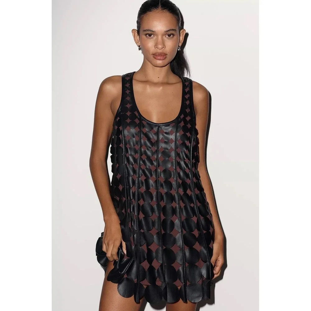 Anthropologie MAEVE Faux Leather Sleeveless Swing Dress Black Circles Mini Small