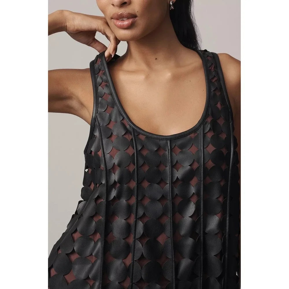 Anthropologie MAEVE Faux Leather Sleeveless Swing Dress Black Circles Mini Small