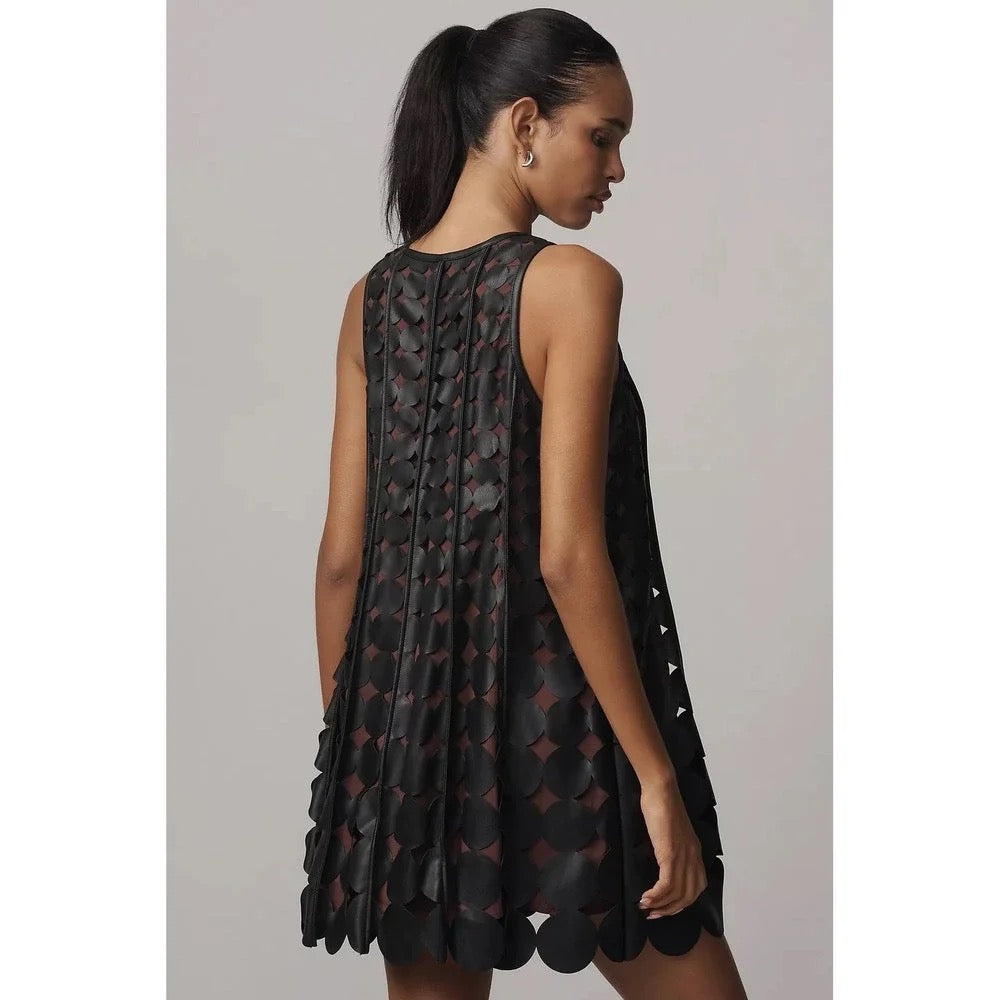 Anthropologie MAEVE Faux Leather Sleeveless Swing Dress Black Circles Mini Small