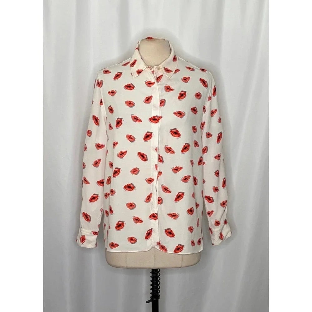 ZARA ZW Collection White Pink Lips Print Buttondown Top Blouse Lipstick X-Large