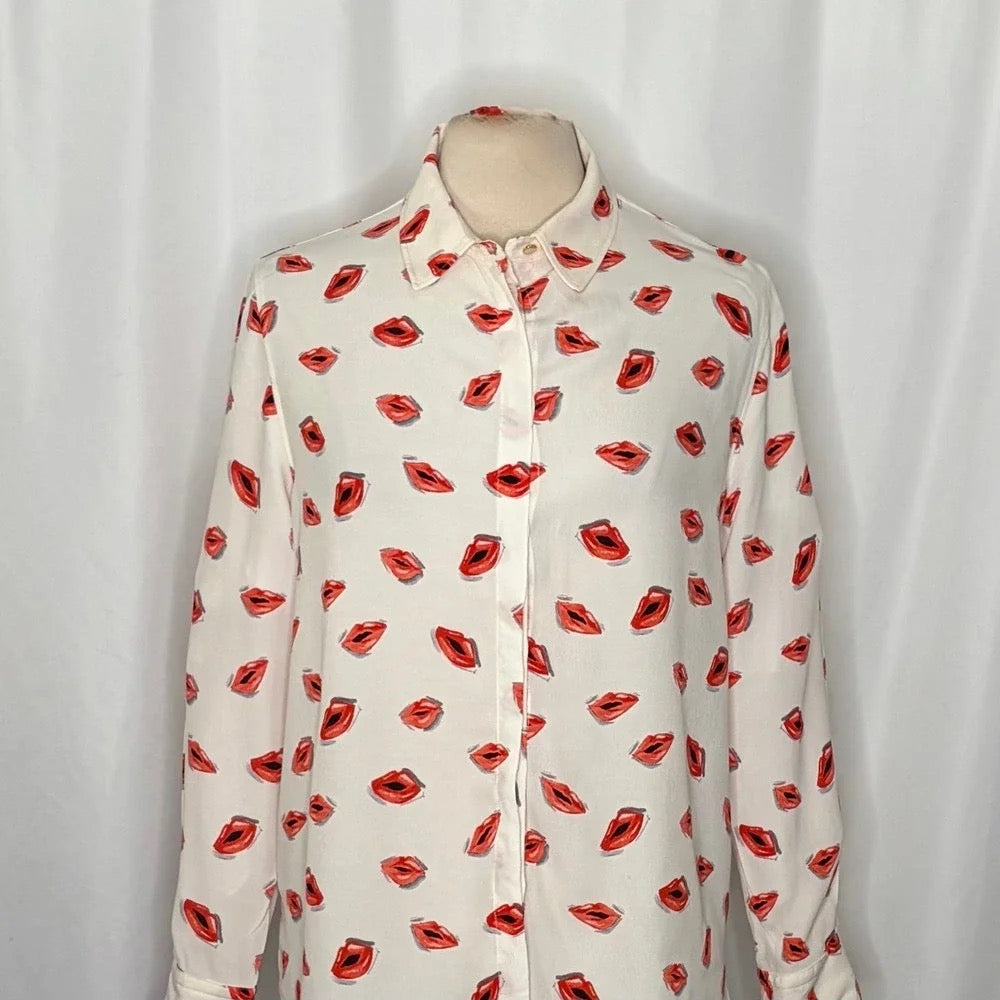 ZARA ZW Collection White Pink Lips Print Buttondown Top Blouse Lipstick X-Large
