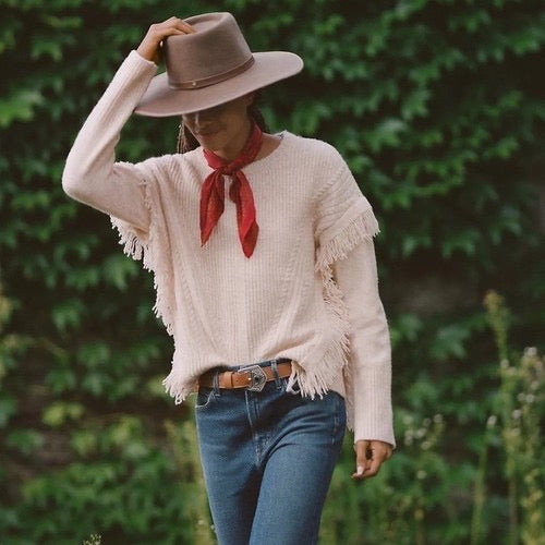 By ANTHROPOLOGIE Josey Fringe Sweater Marled Pink‎ Pink Crew Neck Wool Small