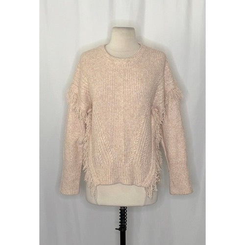 By ANTHROPOLOGIE Josey Fringe Sweater Marled Pink‎ Pink Crew Neck Wool Small