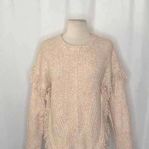 By ANTHROPOLOGIE Josey Fringe Sweater Marled Pink‎ Pink Crew Neck Wool Small