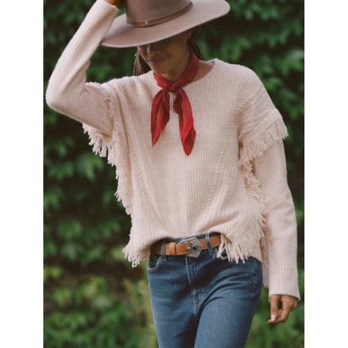 By ANTHROPOLOGIE Josey Fringe Sweater Marled Pink‎ Pink Crew Neck Wool Small