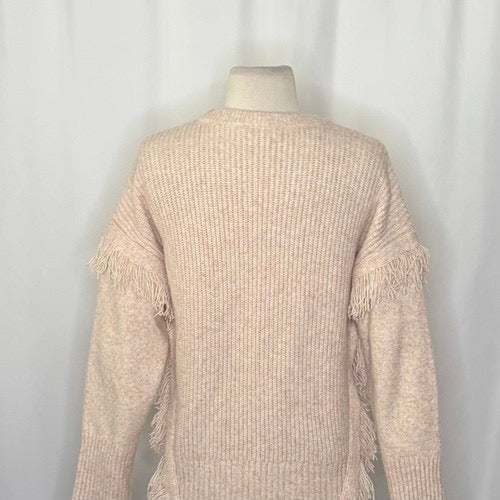 By ANTHROPOLOGIE Josey Fringe Sweater Marled Pink‎ Pink Crew Neck Wool Small