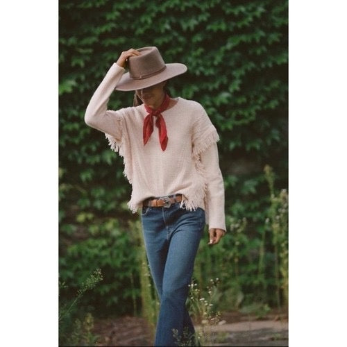By ANTHROPOLOGIE Josey Fringe Sweater Marled Pink‎ Pink Crew Neck Wool Small