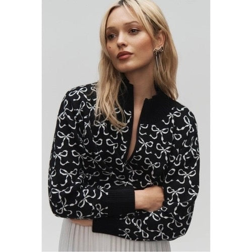 Anthropologie MAEVE Montana‎ Bow Print Sweater Knit Mock Neck Half Zip Large