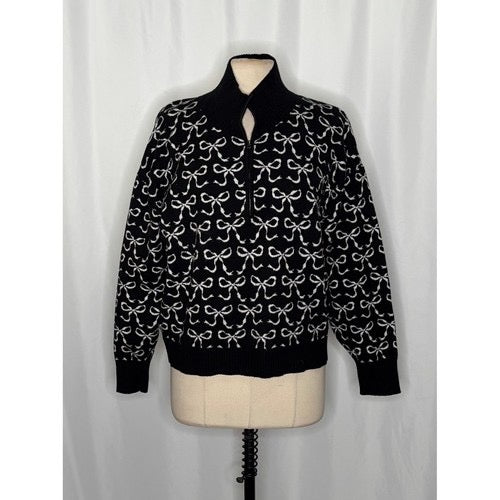 Anthropologie MAEVE Montana‎ Bow Print Sweater Knit Mock Neck Half Zip Large