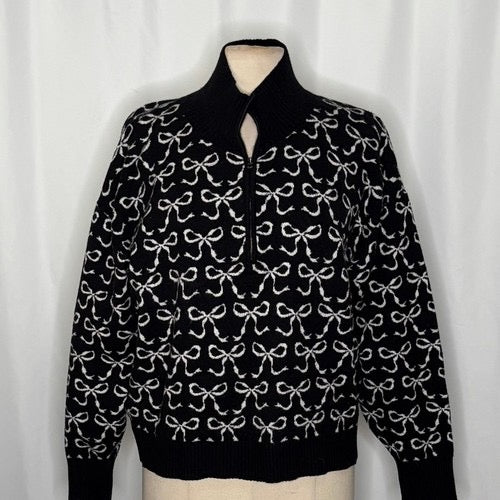 Anthropologie MAEVE Montana‎ Bow Print Sweater Knit Mock Neck Half Zip Large