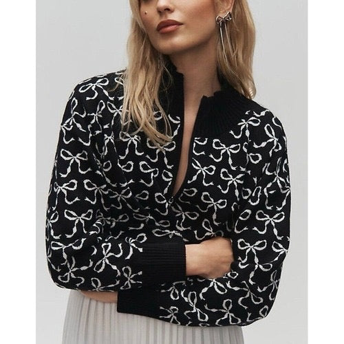 Anthropologie MAEVE Montana‎ Bow Print Sweater Knit Mock Neck Half Zip Large