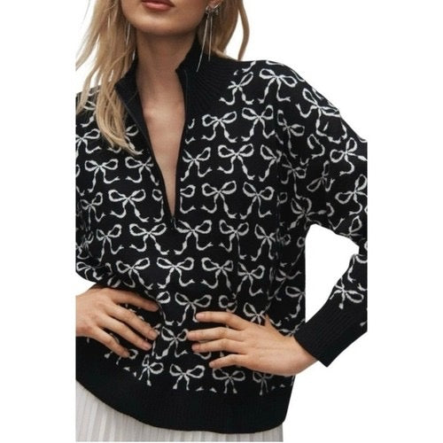 Anthropologie MAEVE Montana‎ Bow Print Sweater Knit Mock Neck Half Zip Large