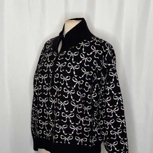 Anthropologie MAEVE Montana‎ Bow Print Sweater Knit Mock Neck Half Zip Large